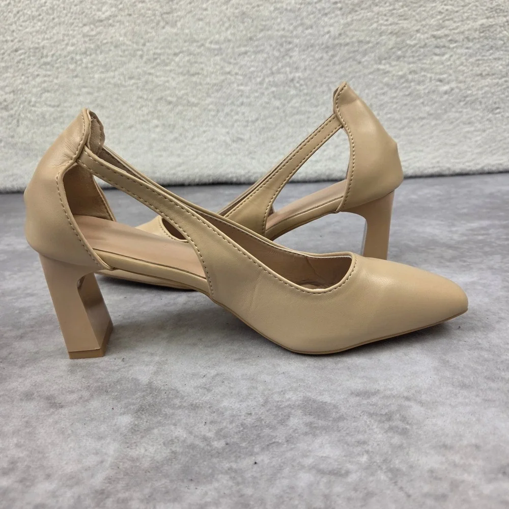 Nude Beige Pointed Toe Block Heel Pumps with Side Cutouts Size 6.5